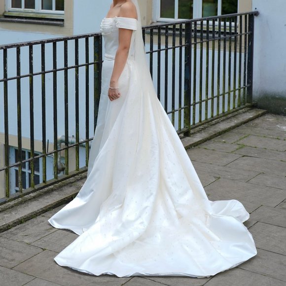 Sima Couture Satin Off the Shoulder Wedding Dress - Picture 2 of 5